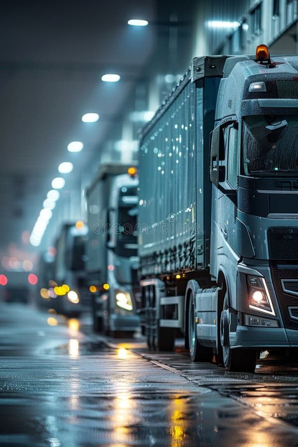 Night fleet at loading dock terminal with glowing lights